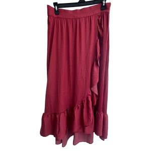 Red Ruffle Faux Wrap Midi Skirt